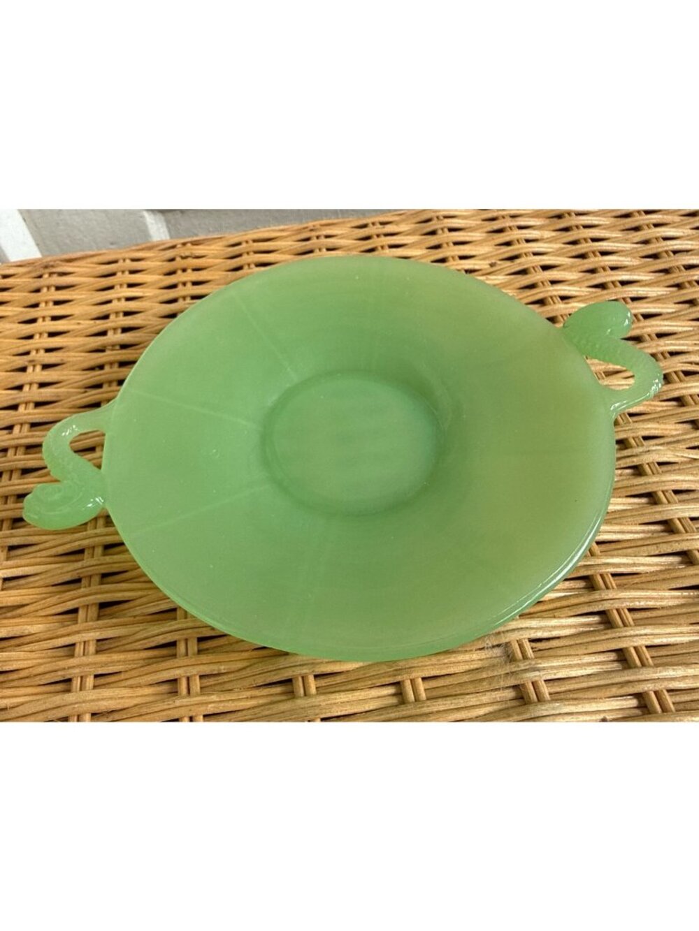 Vintage 1930s Fenton Jadite Green Glass Candy Dish Dolphin Handles 6"
